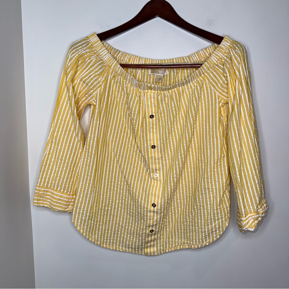 MICHAEL Michael Kors Yellow Striped Off the Shoulder Blouse - Picture 3 of 6
